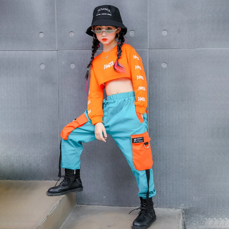 

Hip Hop Girls Cool Crop Top Contrast Cargo Pants Child Streetwear Clothes Sets Kids Sweatshirt Joggers Street Dance Jazz Costume