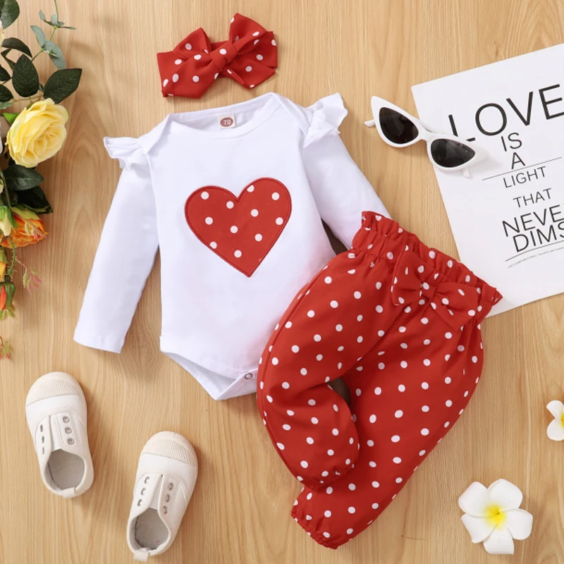 3PCS Newborn Baby Girl Clothes Set Love Heart Long Sleeve Romper+Pant+Headband Fashion Outfits for Toddler Girl 0-18 Months Baby & Maternity