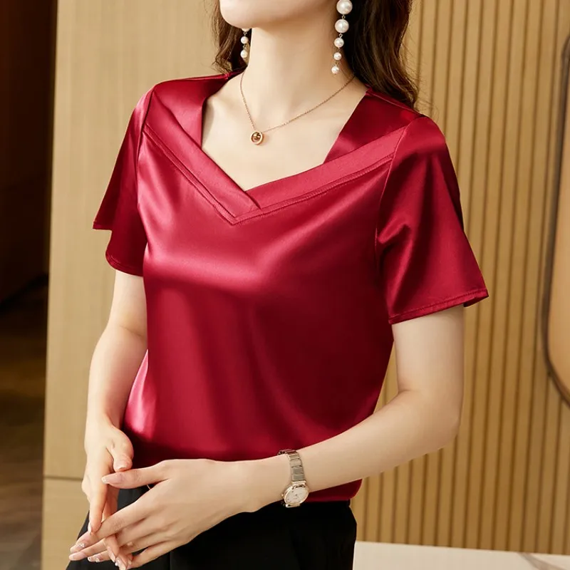 Satin Blouse Women 2023 Summer Womens Tops Fashion V-Neck Short Sleeve Blouses Suit Bottom Shirt Silk Vintage Blouse for Women