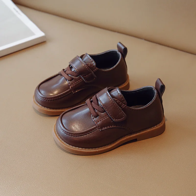 Black Leather Kids School Shoes Breathable Flat Hook Loop