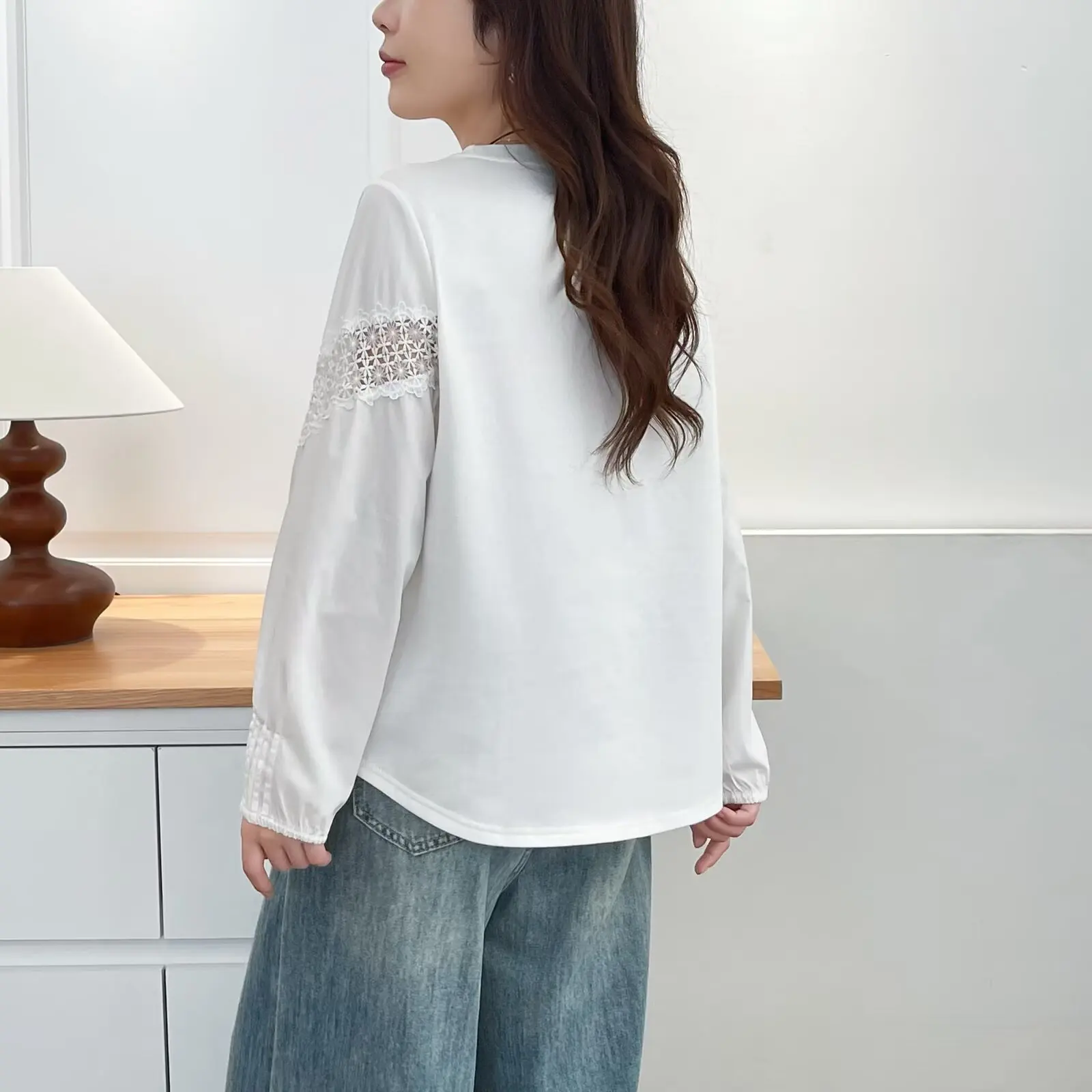 Plus Size Women's T-Shirt 2025 Autumn New Fashion Lace Patchwork Long Sleeve round-neck Tops 2561