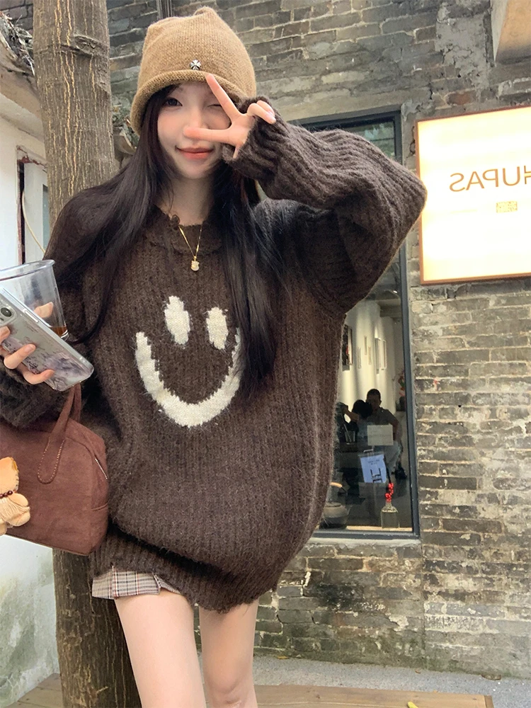 

ADAgirl Funny Smile Graphic Sweater Women Cartoon Oversized Knitwear Pullovers Korean Fashion Lazy Oaf Cutecore Winter Clothes