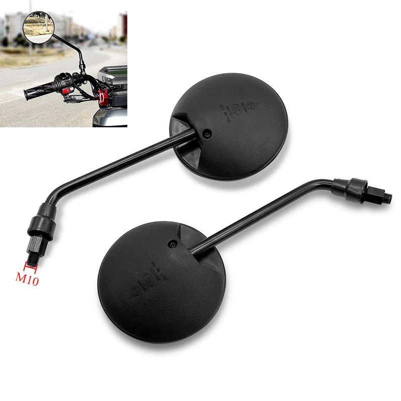 Black Motorcycle Scooter Rear View Mirrors - Round Oval Convex Design