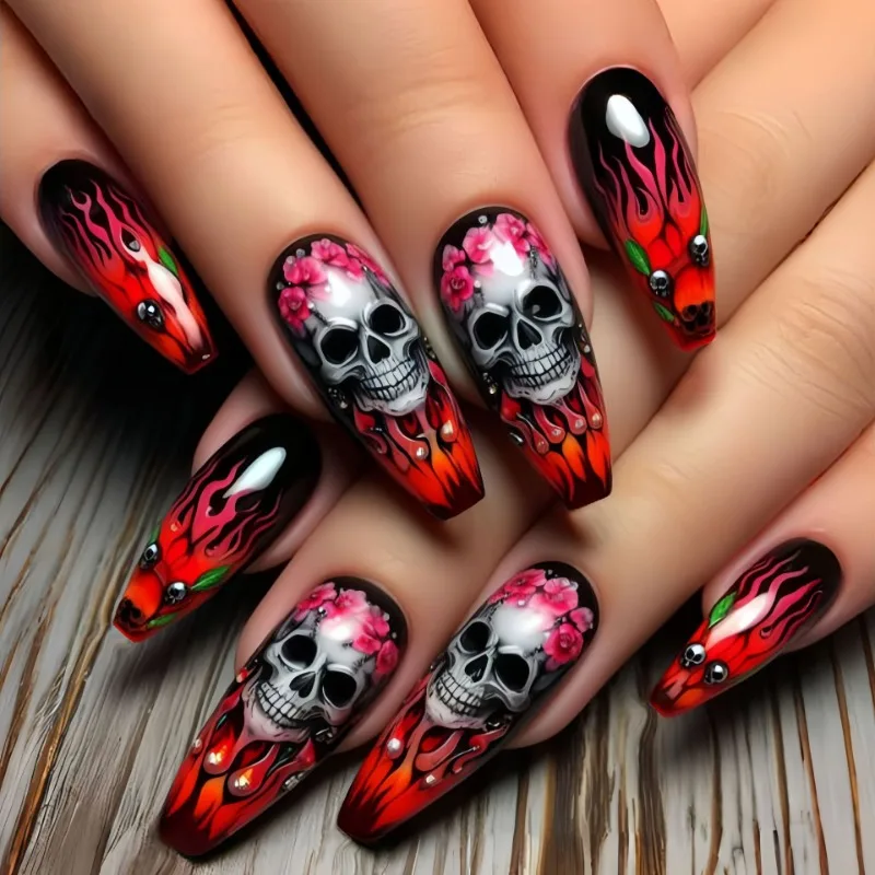 Dark Red Long Ballet Press On Nails With Skull Flower Art Set_voghion.com