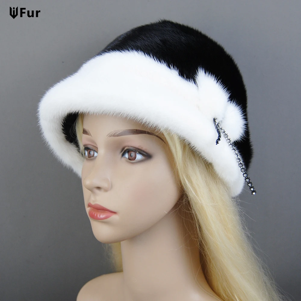 

2023 Woman Winter Solid Mink Caps With Fashion Masonry Natural Mink Fur Hats New Russian Girl Soft Knitting Real Fur Bucket Hats
