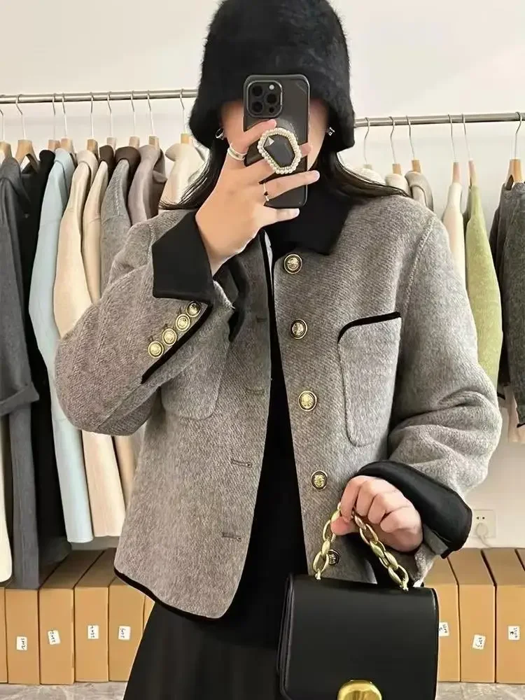 Short Grey Quilted Coats Vintage Women Clothing Contrast Lapel Woolen Jacket Autumn Winter Coats Harajuku