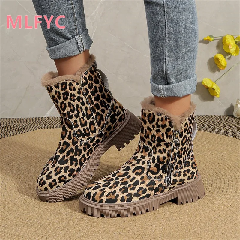 Winter New Thick Soled Snow Boots Women with Plush Thickened Fashionable Warm Cotton Shoes Women with Leopard Print Short Boots