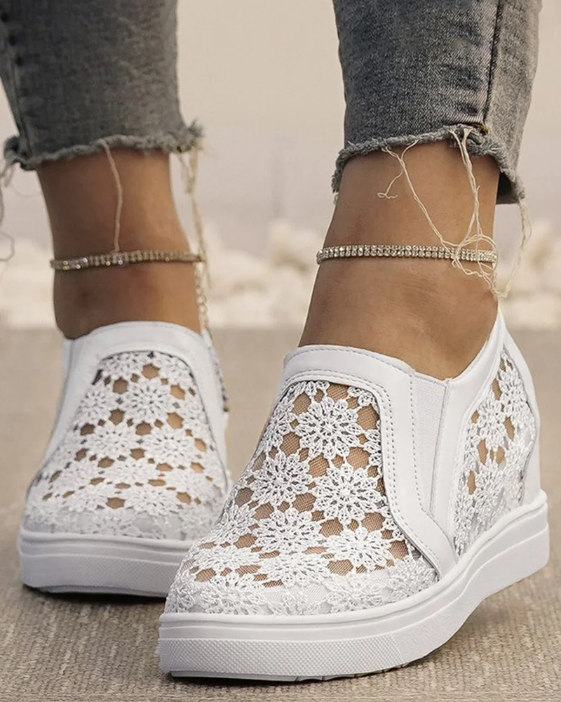 

Women Shoes White Casual Fashion Summer Slip-On Low Heel Round Toe Contrast Lace Hidden Wedge Wedding Bridal Sneakers