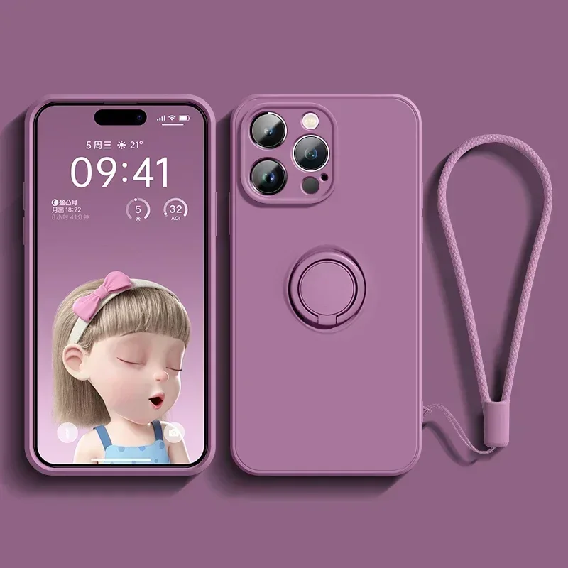 Liquid Silicone Phone Case with Holder Ring Stand and Wrist Strap