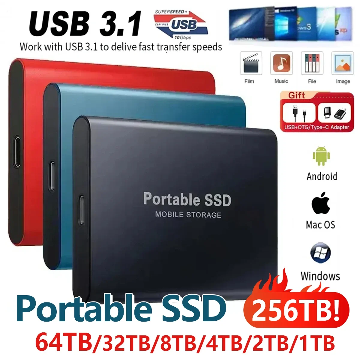 thumbnail image 1 of Disco duro externo de 1 TB, disco duro de estado sólido original de 256 TB, disco duro externo portátil de 4 TB, USB 3,1 de alta velocidad para computadora portátil, MAC y PC, 1 of 5
