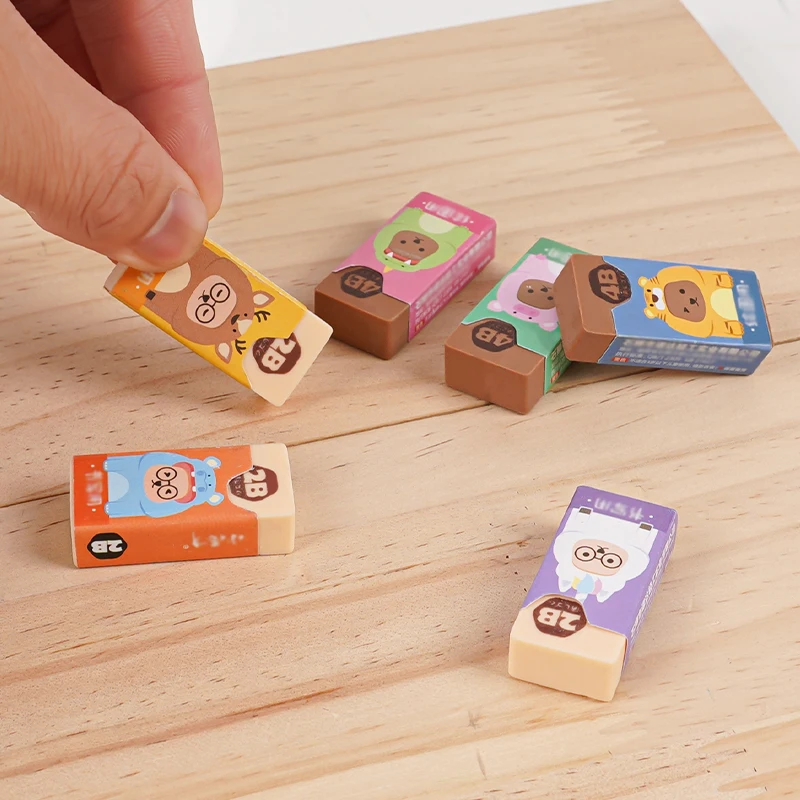 6 Cute Pencils 2B+4B Eraser Rich Colorful Vintage Animal System Rectangular School Student Writing Eraser