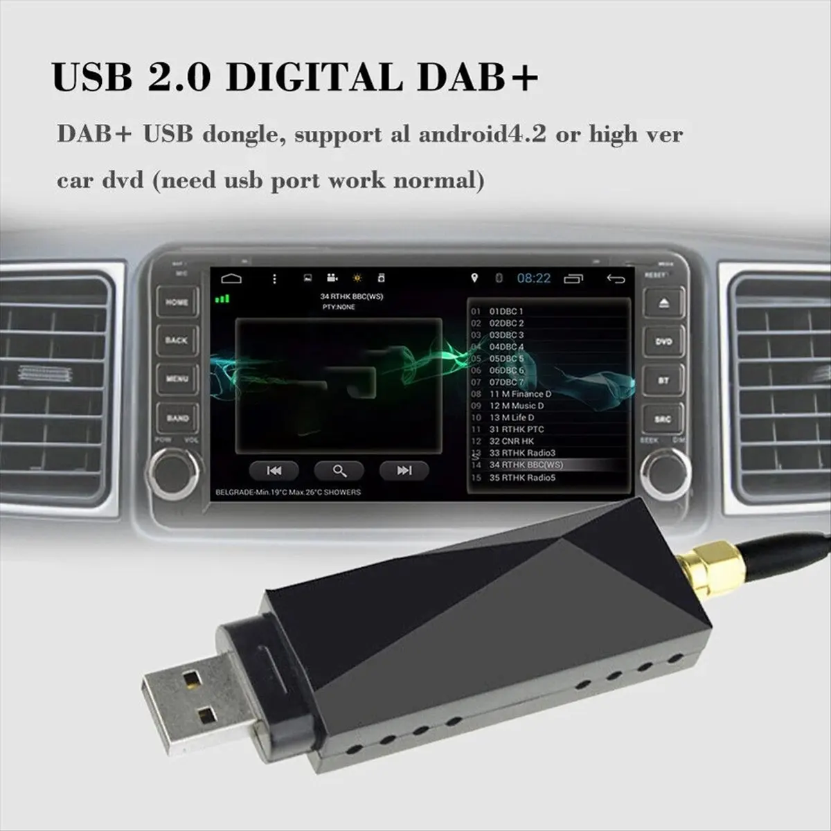 (A75T) 새로운 라디오 튜너 + DAB USB 5V USB 동글 수신기 170-240MHz 자동차 오디오 어댑터 안드로이드 5.1 이상용 FM 송신기 박스