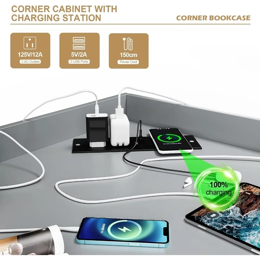 Kids Corner Bookshelf,9 Cubbies Corner Cabinet Wireless Charging with USB Ports and Outlets,Wooden 3-Tier Corner Bookcase 5