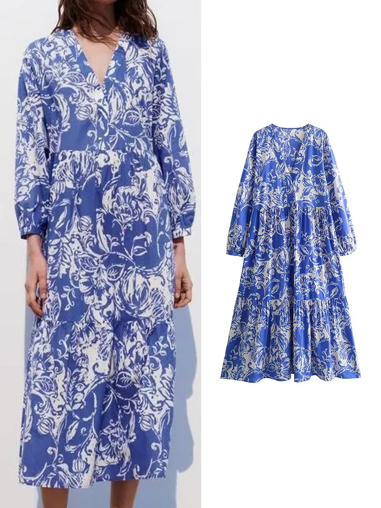 

Платье женское длинное с длинным рукавом, V-образным вырезом и цветочным принтом