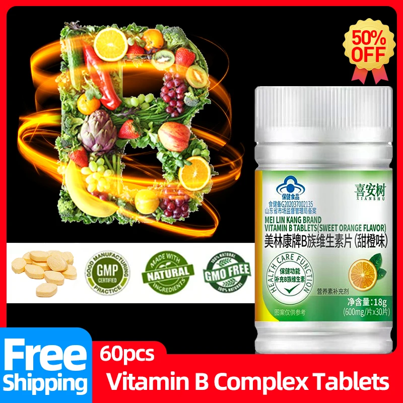 

Vitamin B Complex Tablets Vitamins B1 B2 B6 B12 Daily Nutritional Supplements Folic Acid and Health Support for Orange Flavour