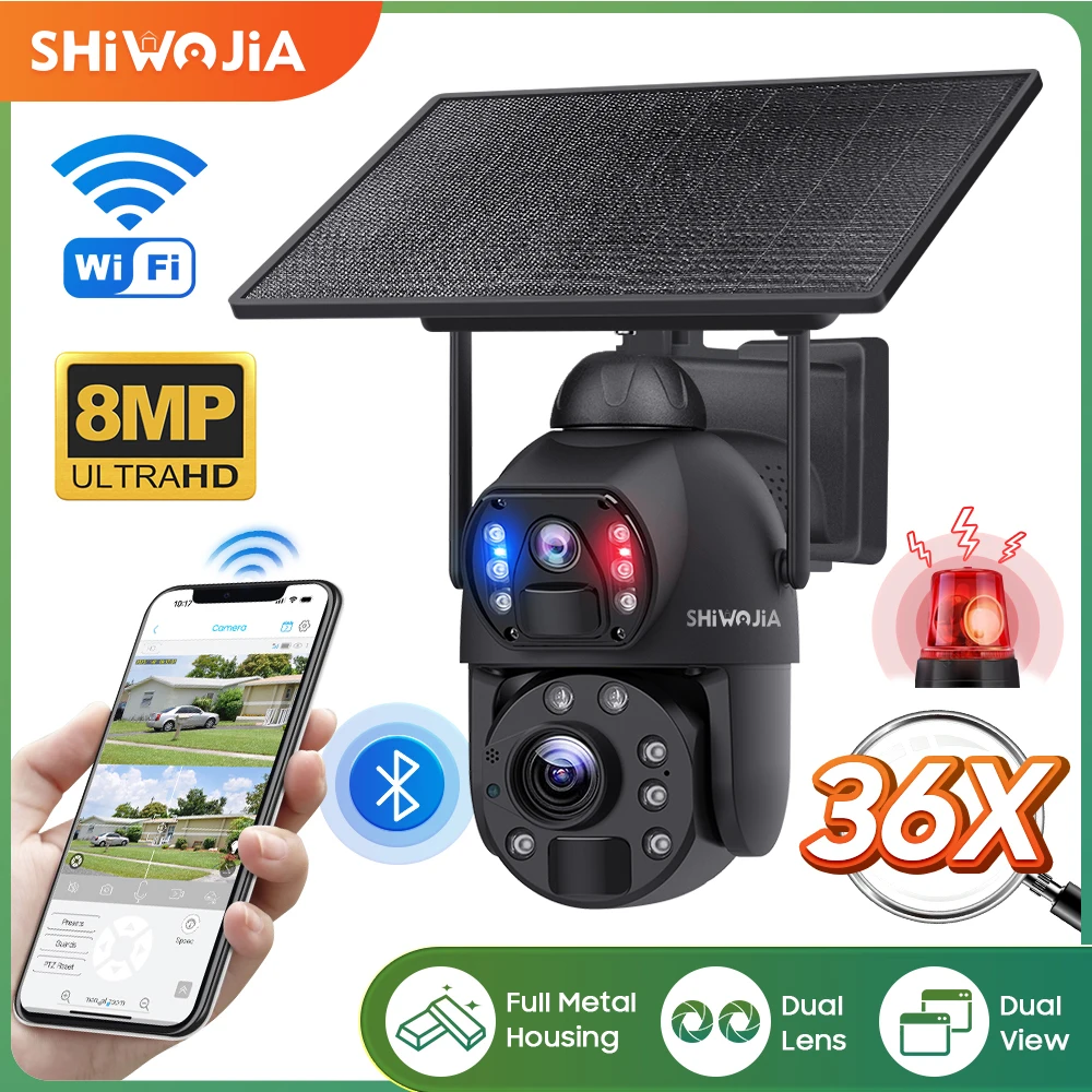 Shiwojia 8Mp Wifi Telecamera Ad Energia Solare 4G Lte 36X Zoom 360 ° Telecamere A Batteria Di Sicurezza Dual Lens Visione Notturna A Colori Rilevament