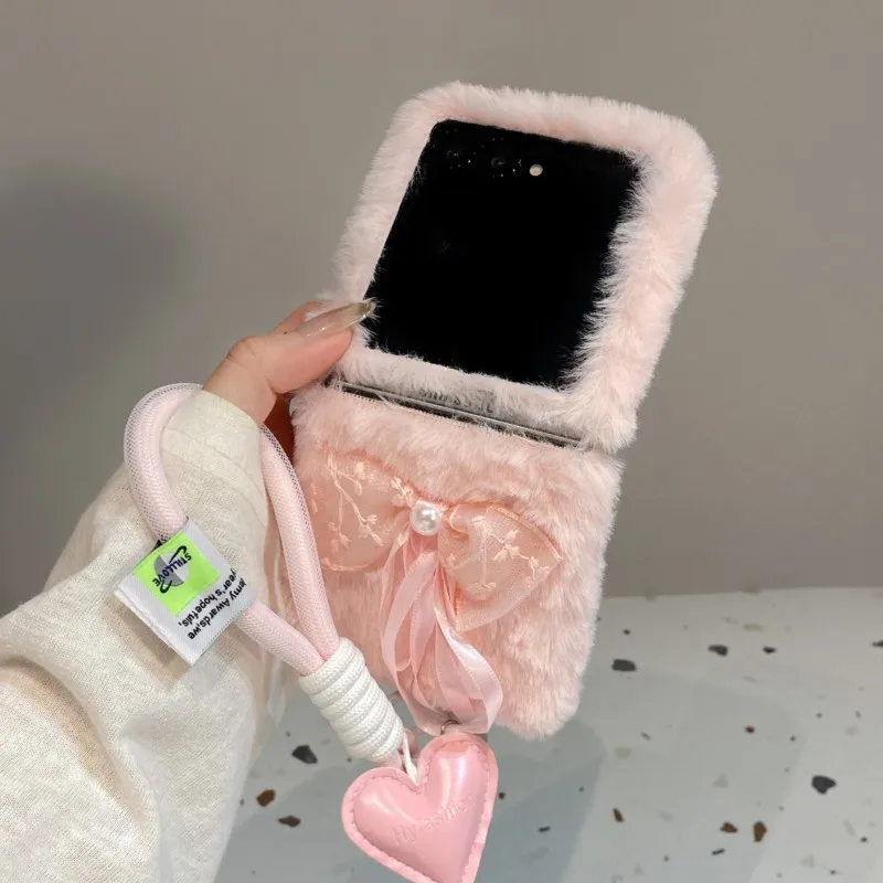Korean Cute Lace Bow Plush Phone Case with Lanyard Strap - Flip Cover Accessory