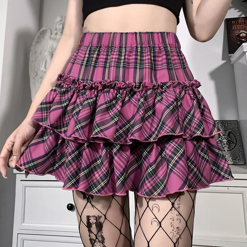 Japanese College Style Youth Girl Plaid Skirt Female High Waist Slim Lolita Cosplay Y2k Skirt Goth Skirt Pink Skirt earrings gradient glitter plaid water drop earrings in pink size one size