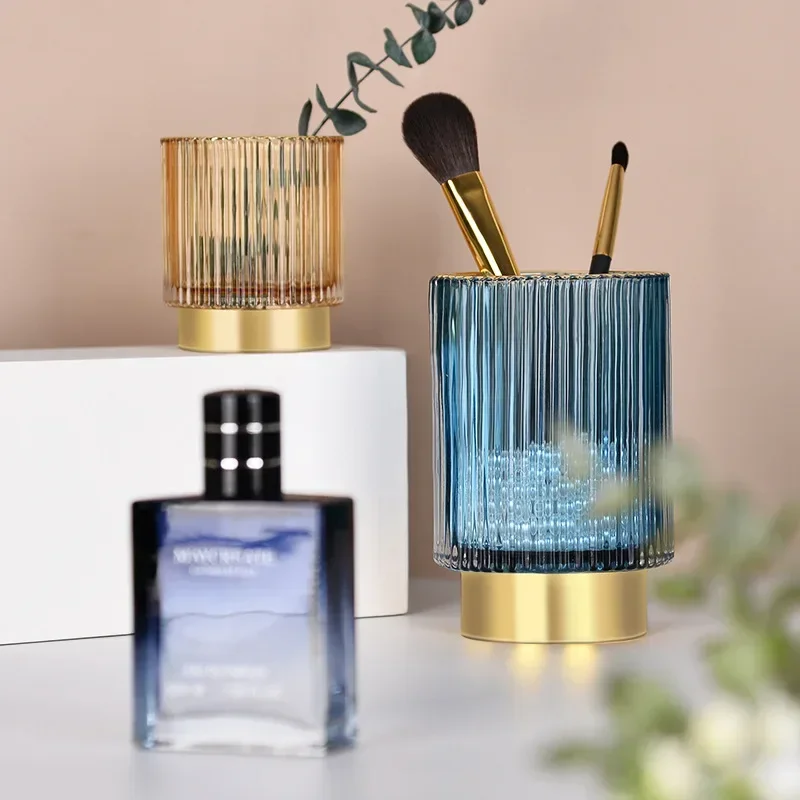 Gold Margin Thickened Glass Storage Bucket Pen Holder Cup Jewelry Storage Box Makeup Brush Organizer Pens Holder Flower Box For storage box makeup organizer jewelry box pen holder makeup storage box cosmetic storage box jewelry organizer