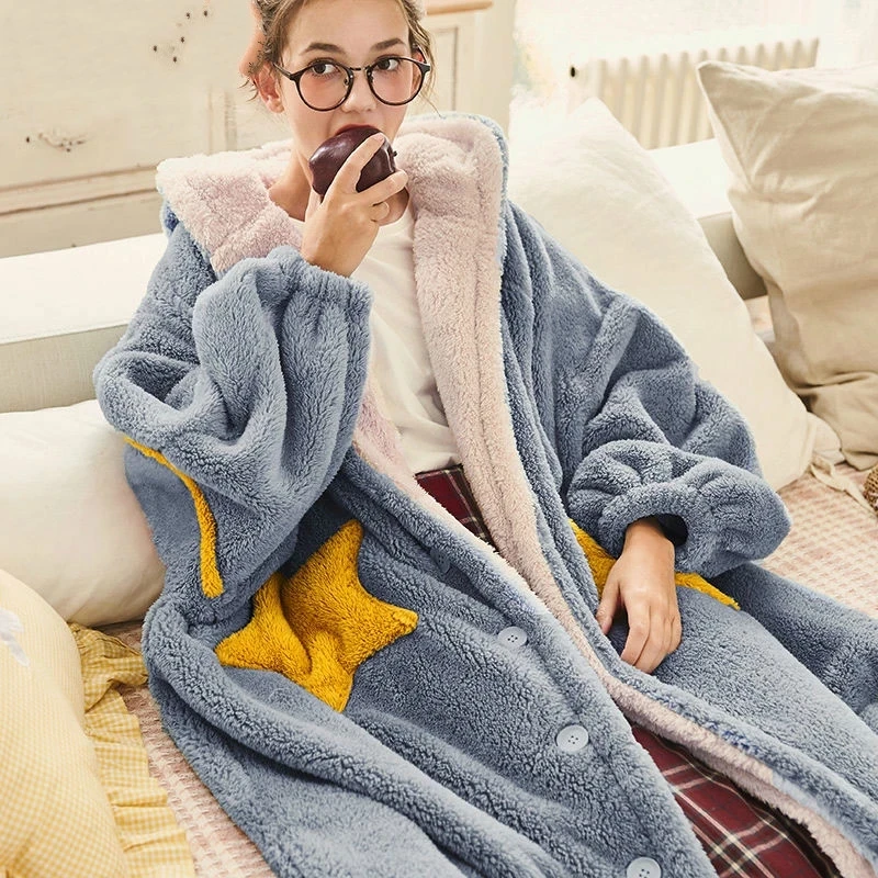 Women Nightgown Winter Flannel Pajamas Sweet Hooded Sleepshirts Warm Casual Loose Sleepwear Kawaii Fleece Long Sleeve Nightdress