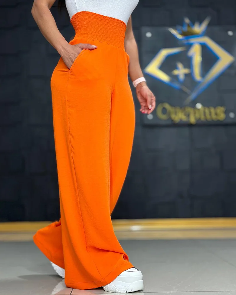 

High Waist Wide Leg Pants Orange Women Elastic Loose Pants Trousers Full Length Summer SPring