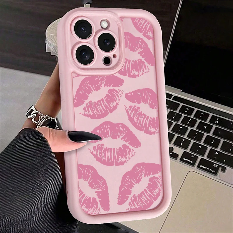 Chic Pink Lip Print Silicone Phone Case - Stylish Shockproof Candy Cover