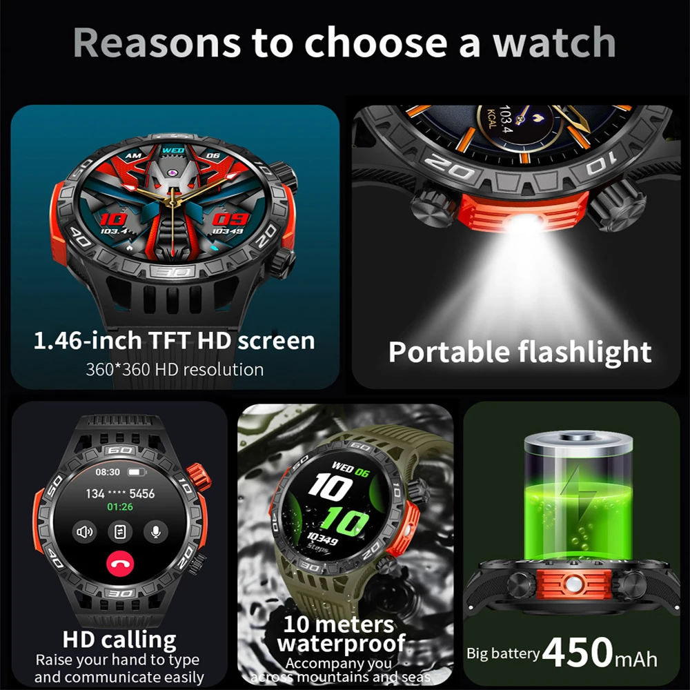 Smart Watch Men With LED Lighting Compass Sports Fitness Tracker Watch IP68 Waterproof Bluetooth Talk SmartWatch For Android IOS