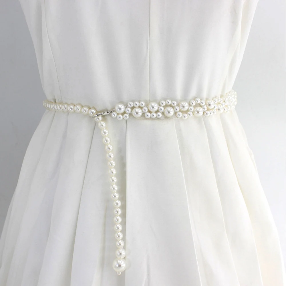 

Fashion Adjustable Pearls Belt Acrylic Pearl Waist Strap Long Beads Thin Waist Belt Hook Dress Skirt Decora Waistbands 1PCS Wild