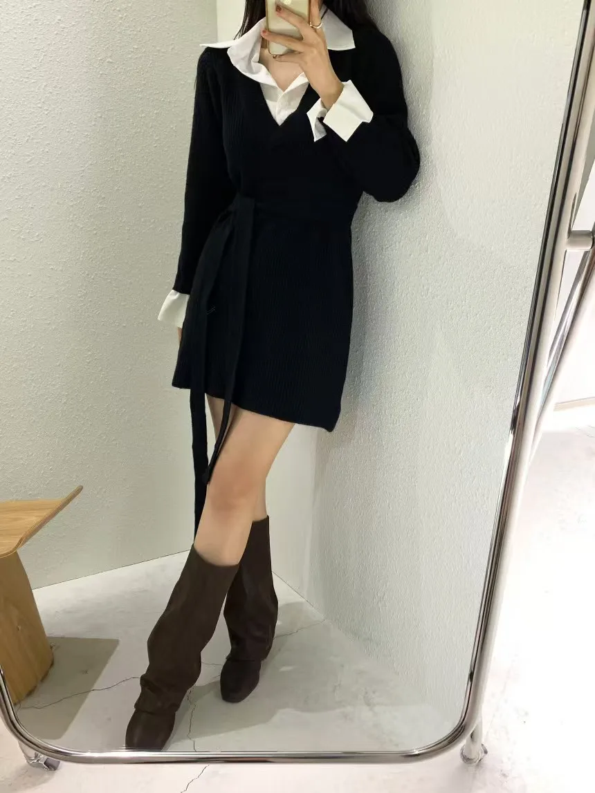 Korean Chic Mini Dresses Women Turn-down Collar Long Sleeve Shirt Patchwork Autumn Winter Knitted Dress Casual Fashion Vestidos