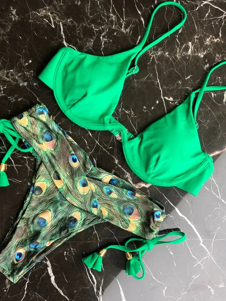 2021 Peacock print swimsuit Sexy push up bikinis mujer halter swimwear women Swimming suit for women swim suit bather