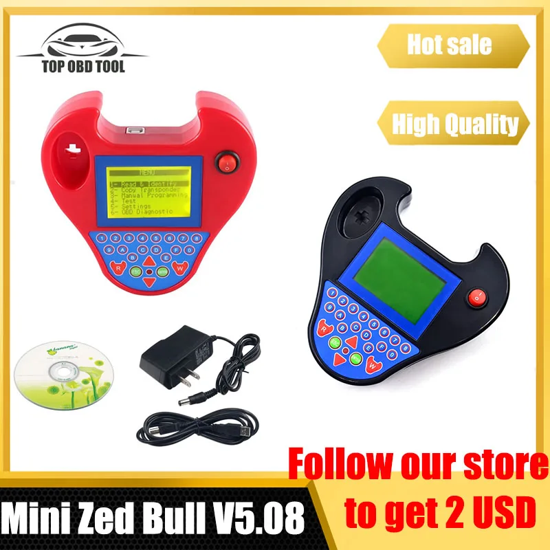 

Mini Zed Bull V5.08 Auto OBDII Diagnotic Tool Key Transponder Smart Transponder Chip No Token CNP Free Car Programming Scan Tool