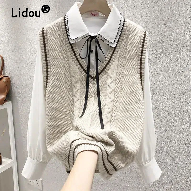 

Women's Trendy Vintage Preppy Style V Neck All Match Knitted Sweater Vest Y2K Female Casual Sleeveless Loose Pullover Waistcoat