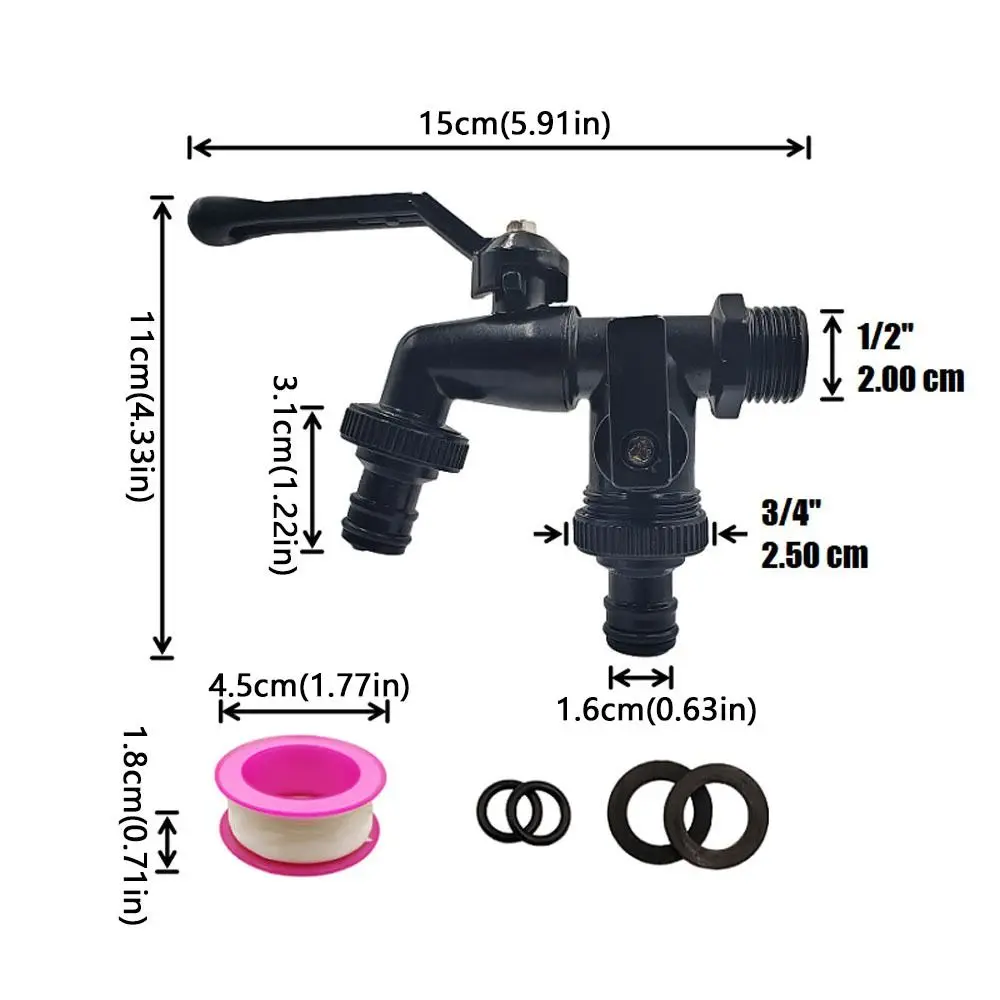 1/2 Inch Inlet Double Outlet Faucet Zinc Alloy Black Paint Bibcock Frost-Proof Corrosion Resistant Garden Water Valve