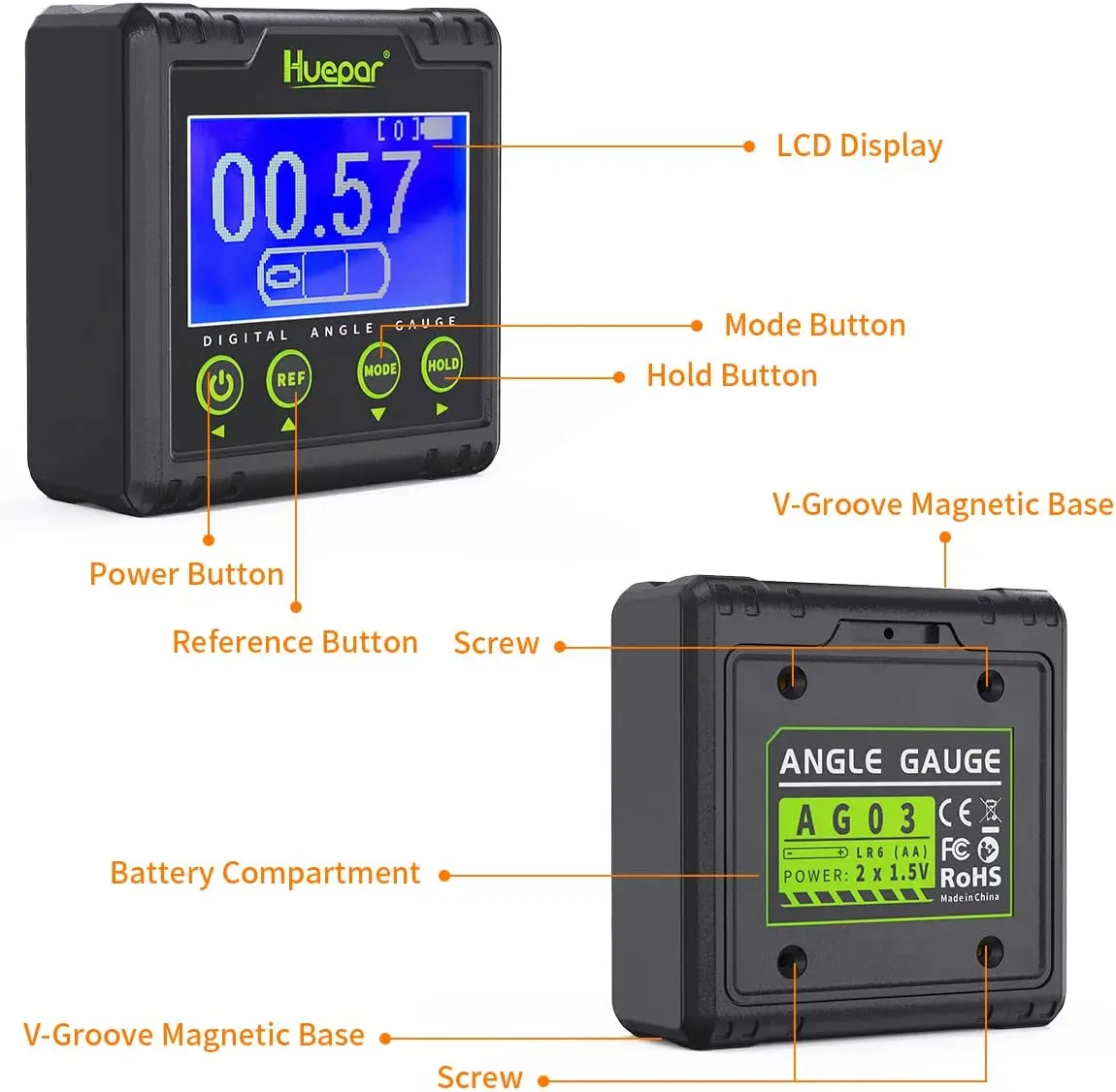 Huepar Digital Angle Gauge Protractor Electronic Bubble Angle Finder Dual Axis Level Box 0.01° Resolution V-Groove Magnetic 3