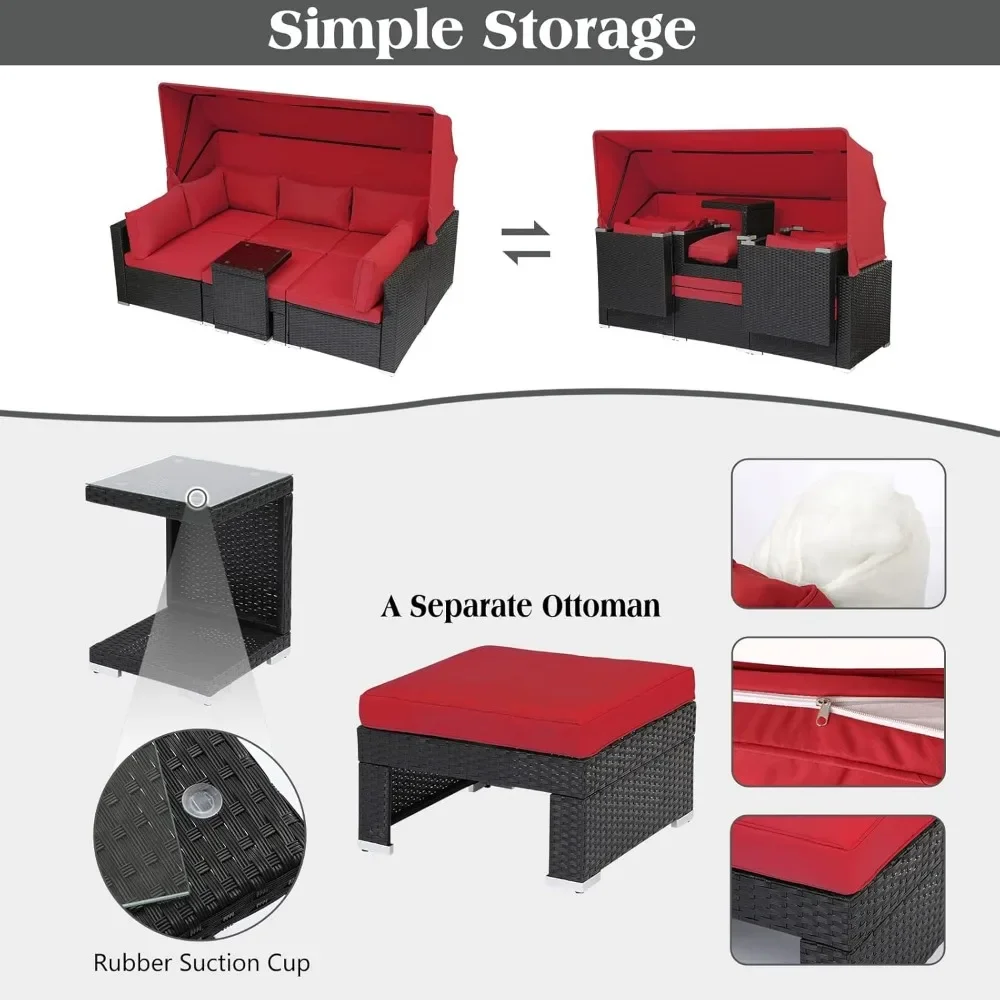 Patio Furniture Sets Daybed with Retractable Canopy,7 Pieces Outdoor Rattan Sectional Sofa Set, Wicker Patio Seating Chairs 6