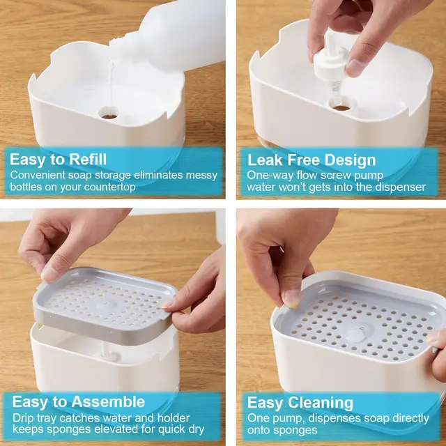 กล่องใส่สบู่เหลวแบบกด กล่องใส่ของเหลวขัดล้าง ห้องครัว ห้องน้ำ กล่องโฟมผงซักฟอกอัตโนมัติพร้อมที่วางฟองน้ำ 4