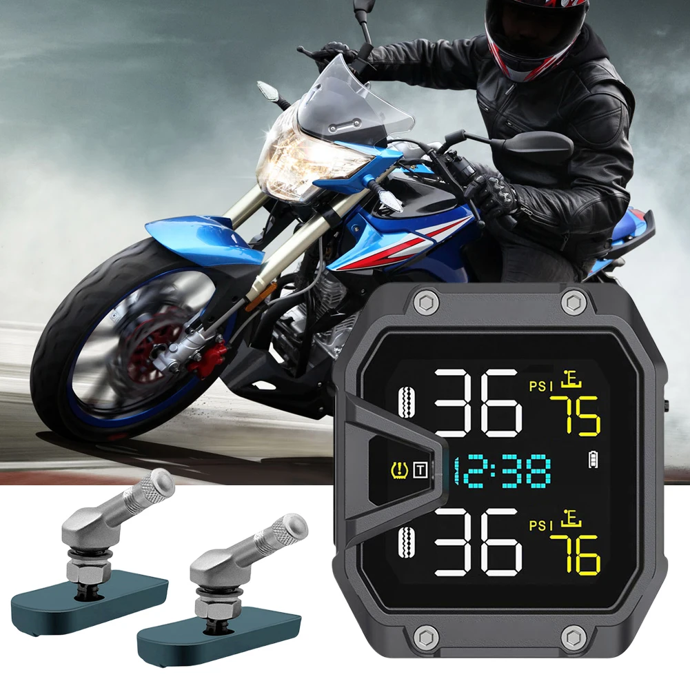 Motorcycle TPMS Tire Pressure Monitoring System with 2 Sensors Motorcycle Tire Pressure Monitoring Alarm System LCD Display