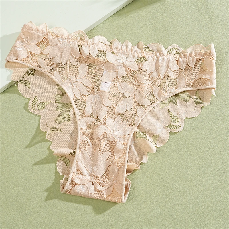 2Pcs Women's Satin Floral Lace Underwear Sexy Hollow Out Panties Solid Low-Waist Perspective Briefs Girls Soft Lingerie