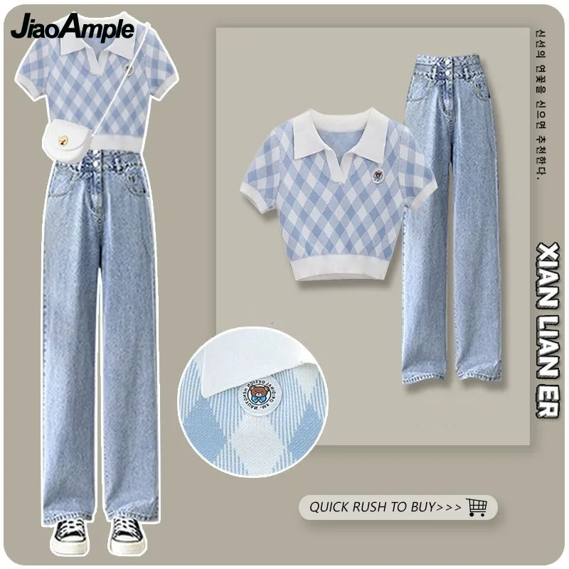 Women's Summer Checkered Short Sleeve Top+Casual Jeans Two Piece 2023 New Matching Set Korean Chic Polo Blouse Denim Pants Suit 【brown checkered bear】original handmade a5 a6 notebook covers protector book sleeve crafted fabric products diary cover，in stock