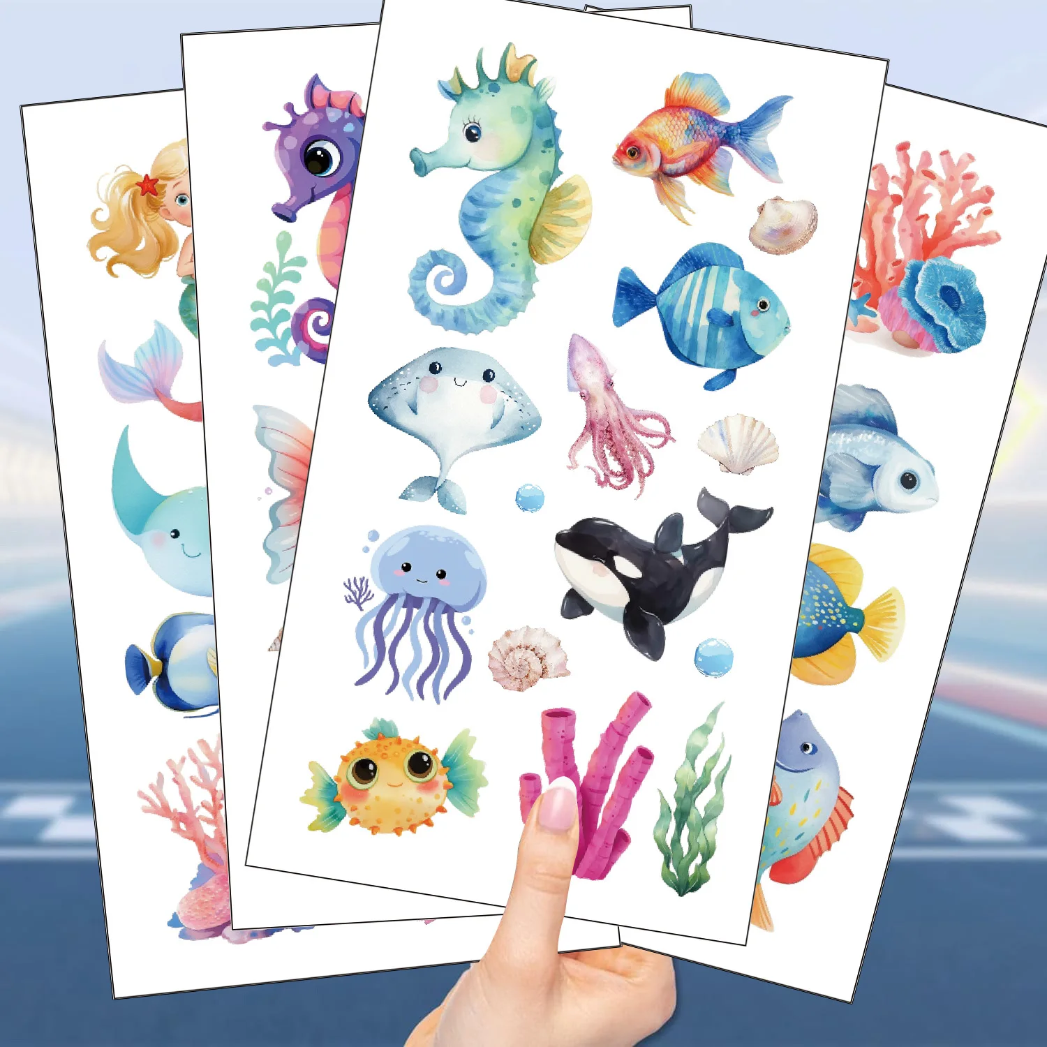 Qpout 120pcs Tatuaggi temporanei di animali oceanici per bambini, falso animale di mare oceano tropicale pesci squalo delfino adesivi tatuaggio impermeabile festa di compleanno di ragazze ragazzi