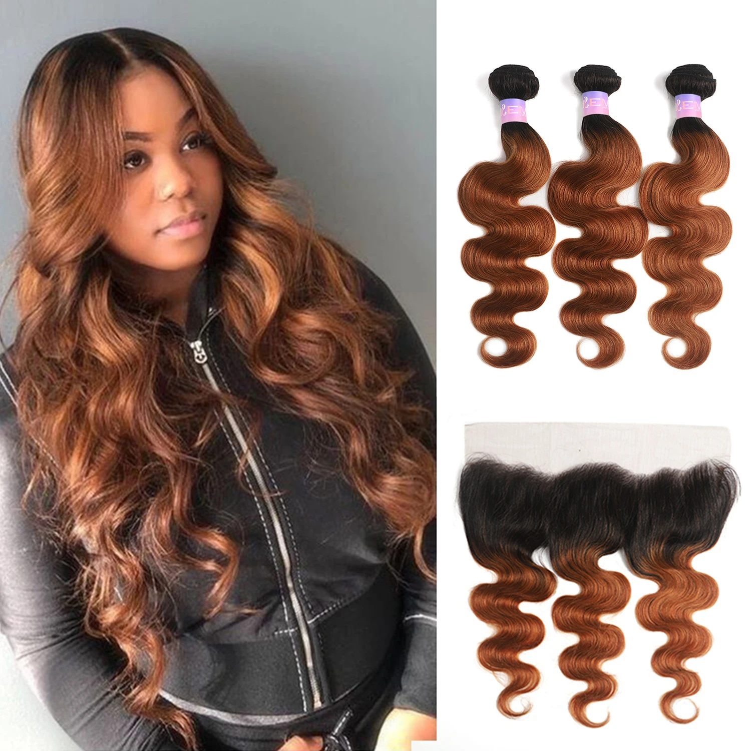 

Ombre Brown Bundles With Frontal Brazilian Body Wave Hair Weave With Lace Closure T1B/30 Color Remy 100% Human Hair Extensions