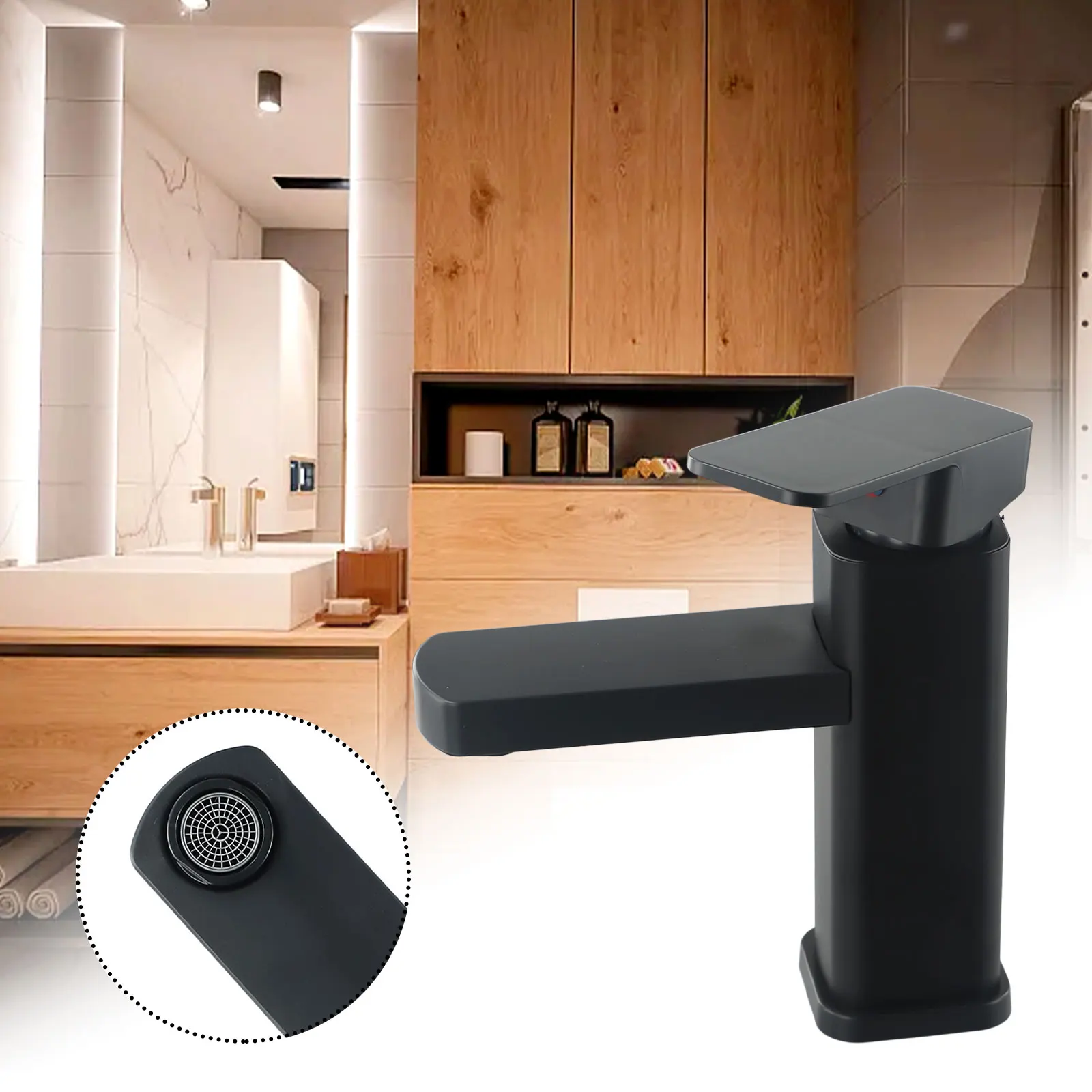 

1x Plastic Steel Bathroom Counter Basin Square Base Faucet Black Hot And Cold Water Mixer Basin Faucet