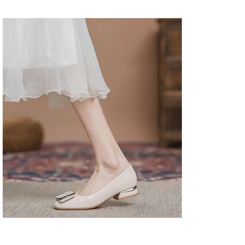 French Style Women's Flat Shoes Leather Square Toe Low Block Heel_voghion.com