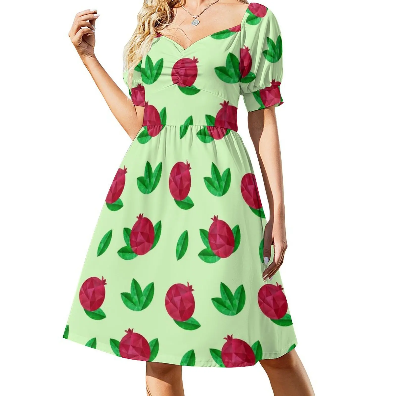 Granados rojos con hojas verdes Vestido de manga corta vestidos de cumpleaños para mujer ropa