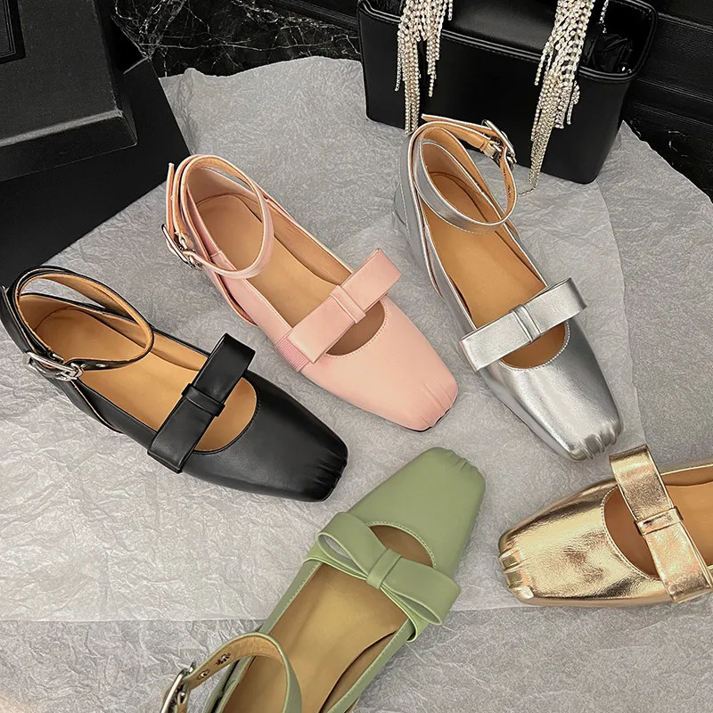

MKKHOU Fashion Pumps New High Quality Genuine Leather Square Head Ankle Buckle Strap Ballet Shoes Low Heel Women's Shoes