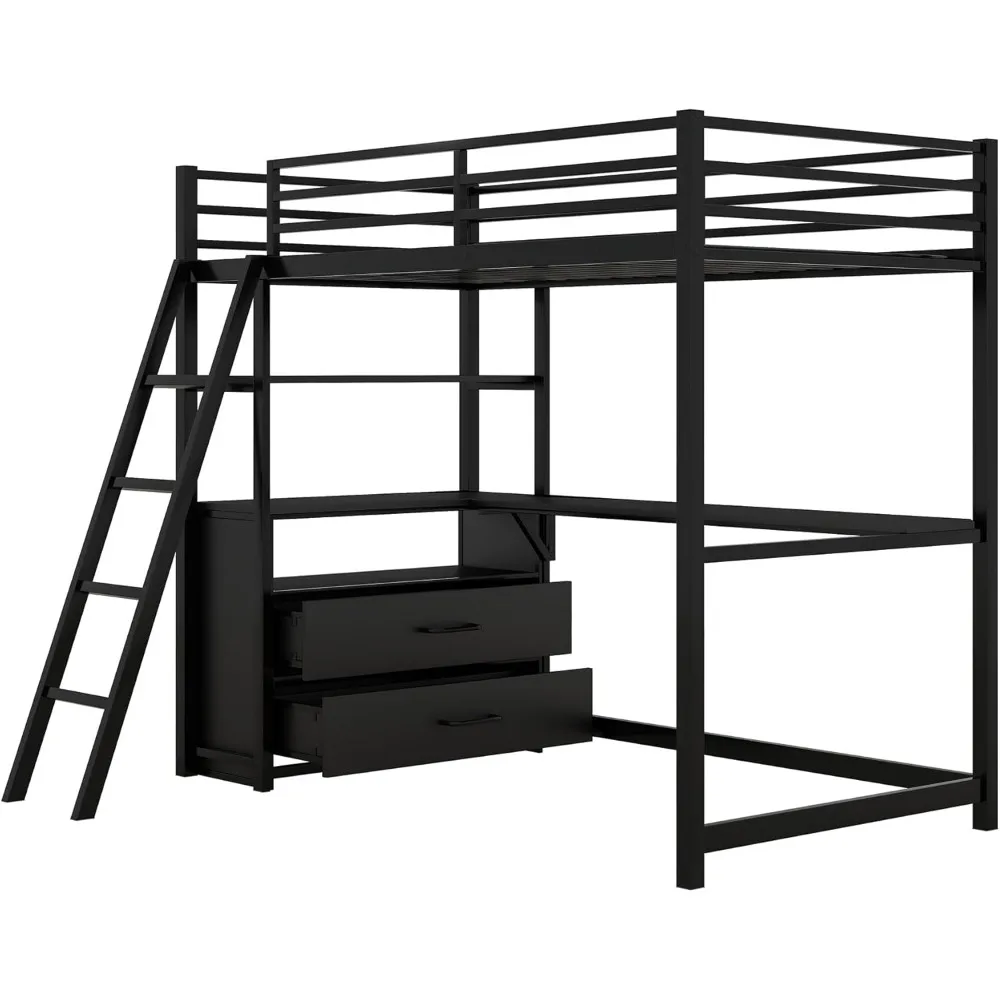 Twin Metal Loft Bed with Desk and Cabinet Loft Bed Twin Size Bed Frames Loft drawer top of wood to increase the service life. 5