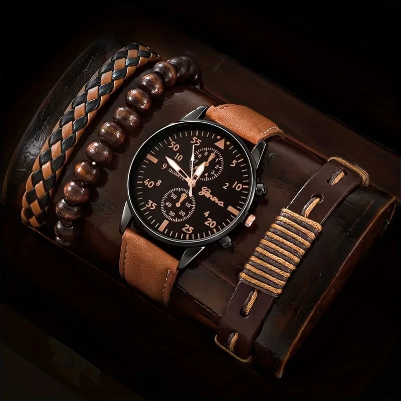 

4 шт./комплект, элегантные кварцевые часы с браслетом из искусственной кожи
