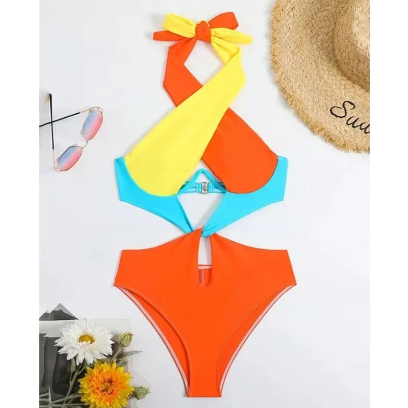 Beachwear Bikini Set Bathing Suit Women Sexy Fashion Colorblock Backless Halter One-Piece Bodysuit Swimsuit