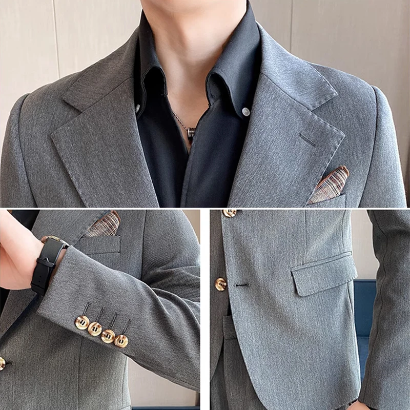 ( Jacket + Pants ) High End Men's Casual Business Suit Two-piece Set British Fashion Casual Suit Groom Wedding Dress Male