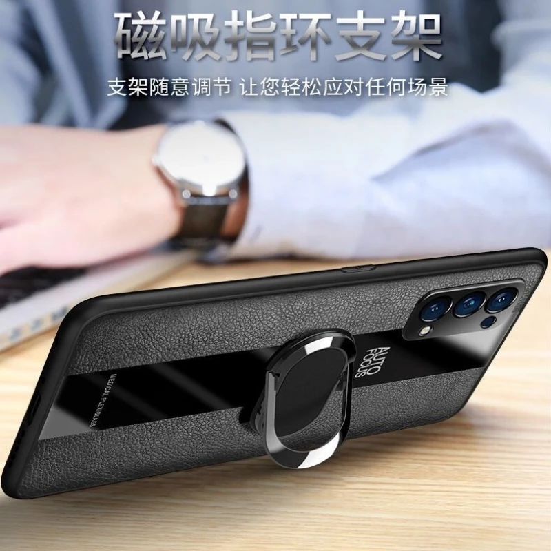 Luxurious Leather Magnetic Ring Phone Case with Silicone Shockproof Bumper